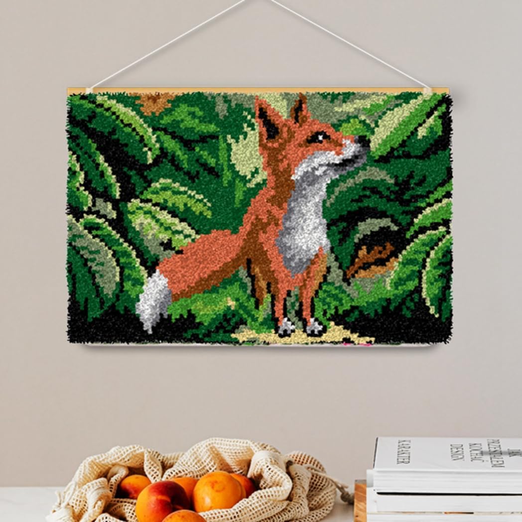 DL-YTG Latch Hook Kits Rug Fox Crochet Yarn Cushion Colour Pre-Printed Canvas Cover Rug Needlework DIY Hook and Latch Kit Christmas Home Decoration 60X40cm/24x16 inch