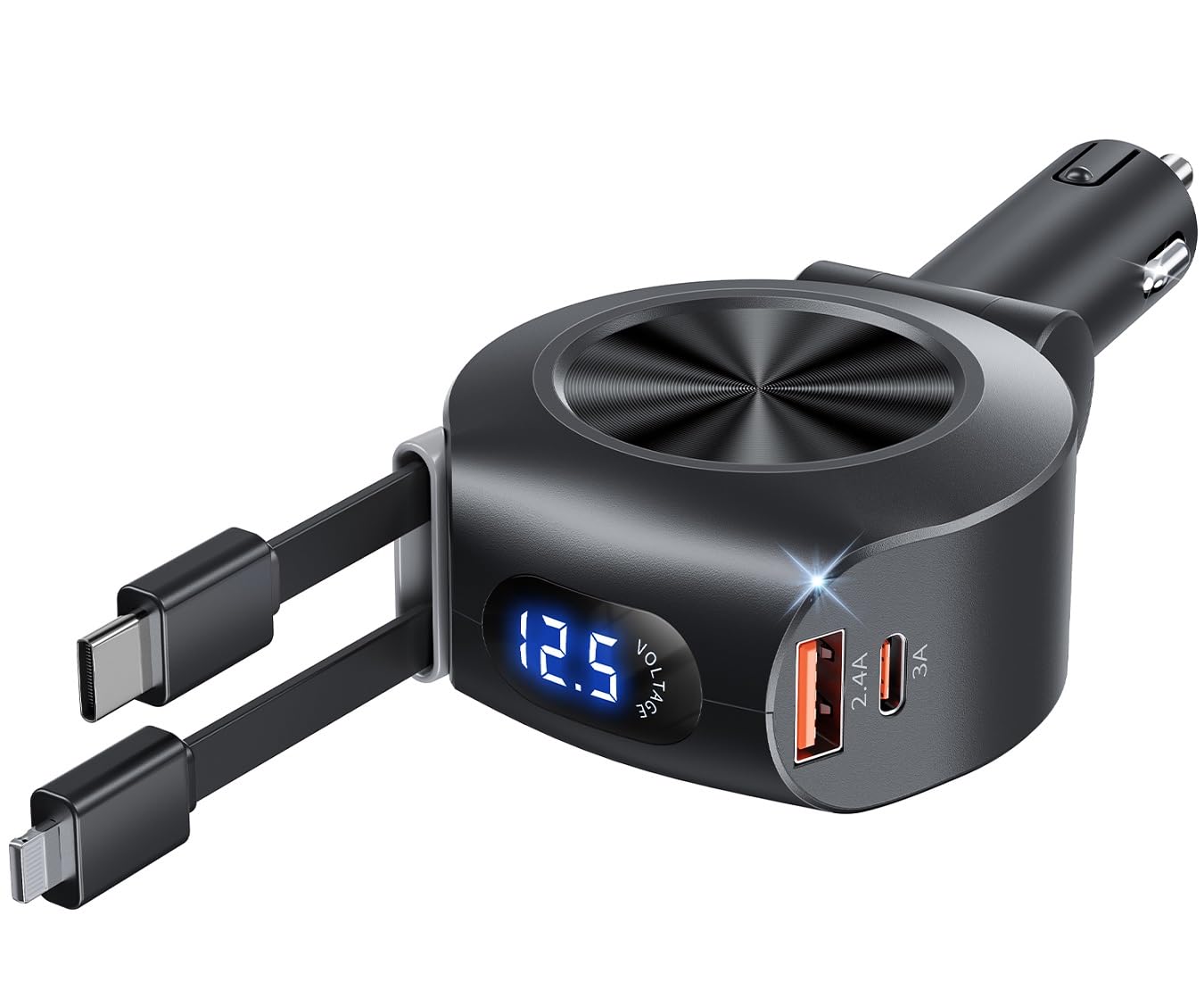 Retractable Car Charger, KOOPAO 69W 4 in 1 Fast Phone Car Charging Adapter, Multi USB C PD and Apple Retractable Cables Cord Compatible with iPhone 16/15/14/13/12/11/Pro Max (USB C + iPhone Cord)