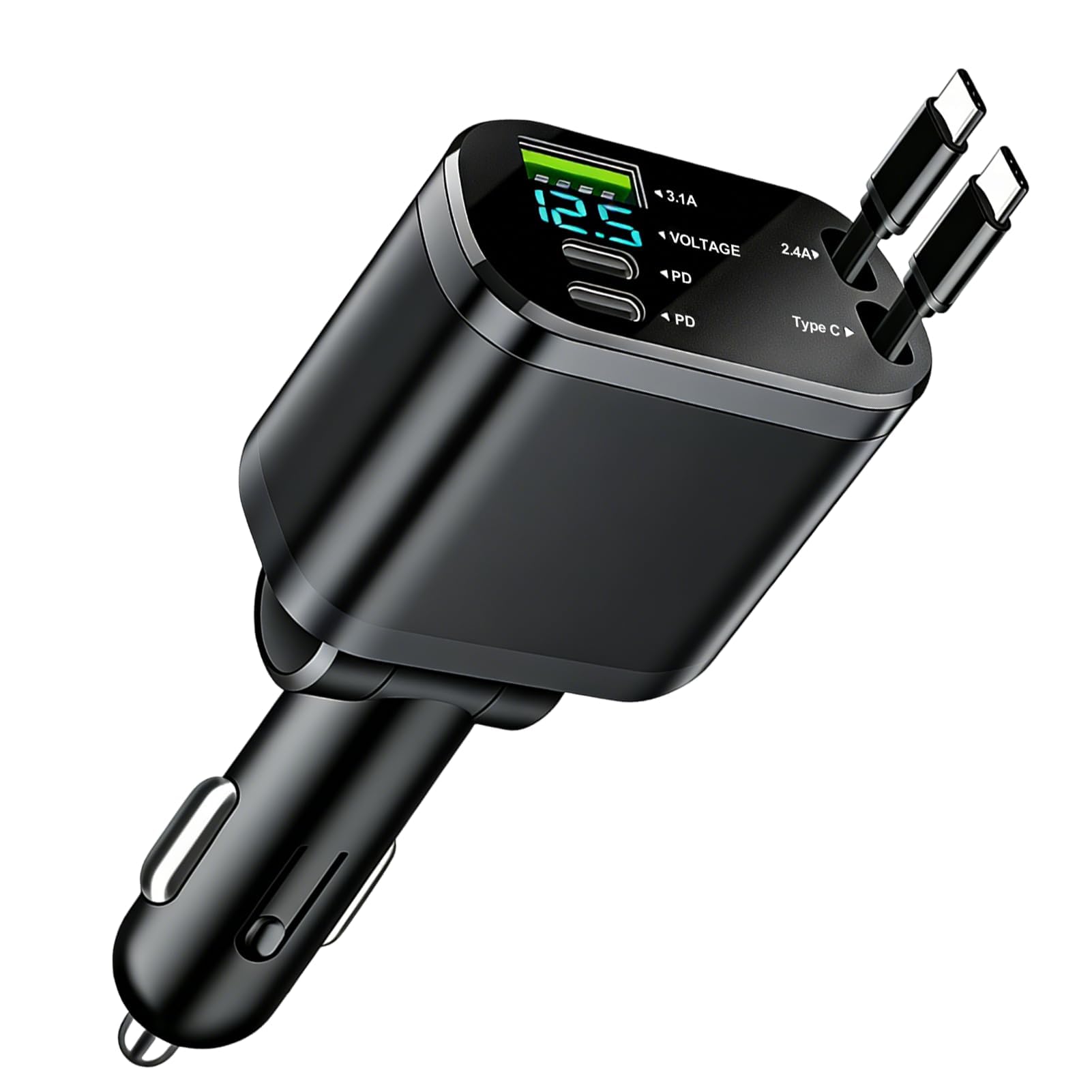 5 en 1 Cargador Coche Carga Rápida 45W Retráctil Adaptador USB Cargador Mechero QC3.0 USB-C/USB-A y Cable Retráctil Tipo C PD30W para iPhone 17 16 15 Samsung Galaxy S24 S23 S21