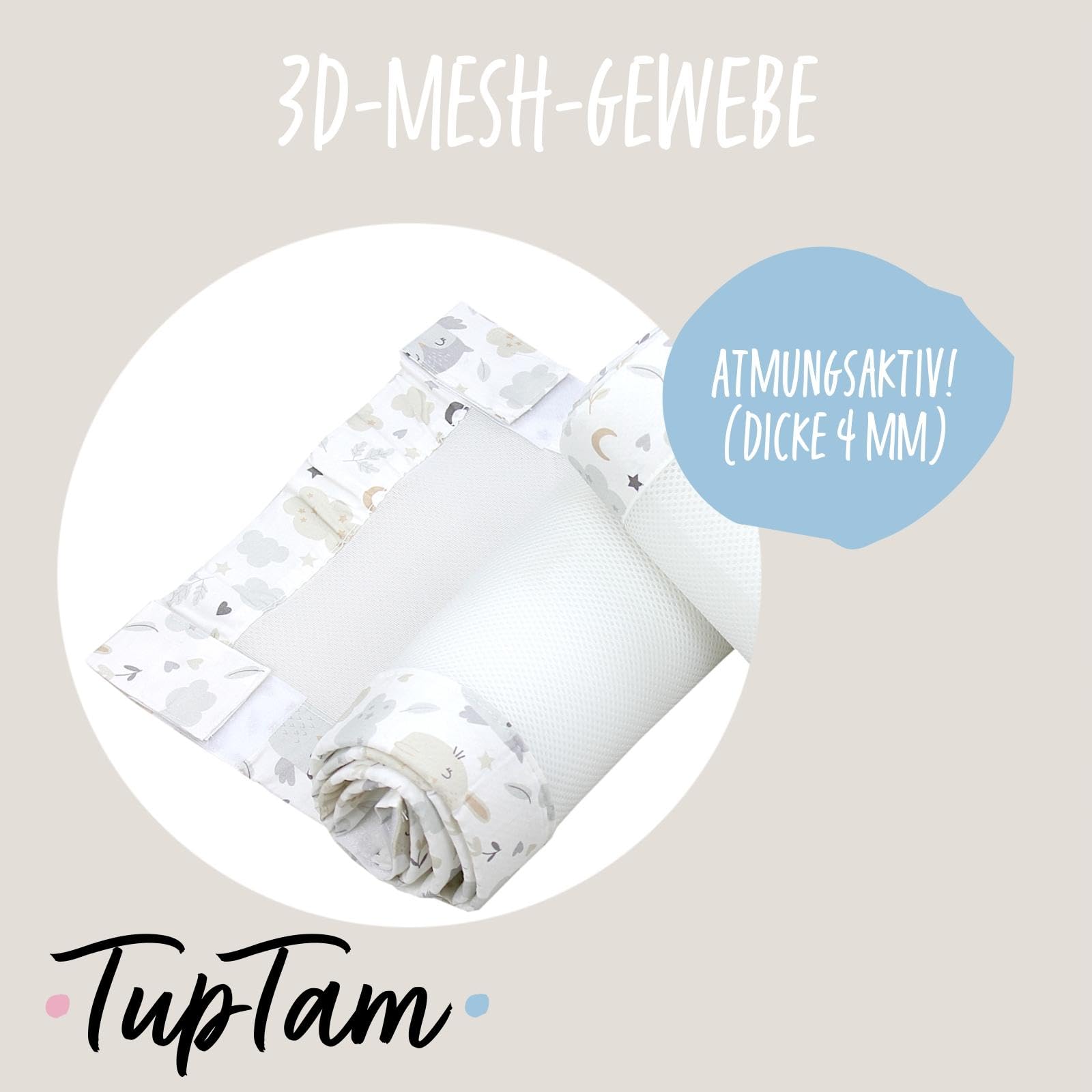 TupTam Protezione Paracolpi per Lettino Nido per Neonati Traspirazione Air Mesh 2 Pack, Coniglietto/Gufo, ca.128 x 30 cm (per Lettino 140x70)