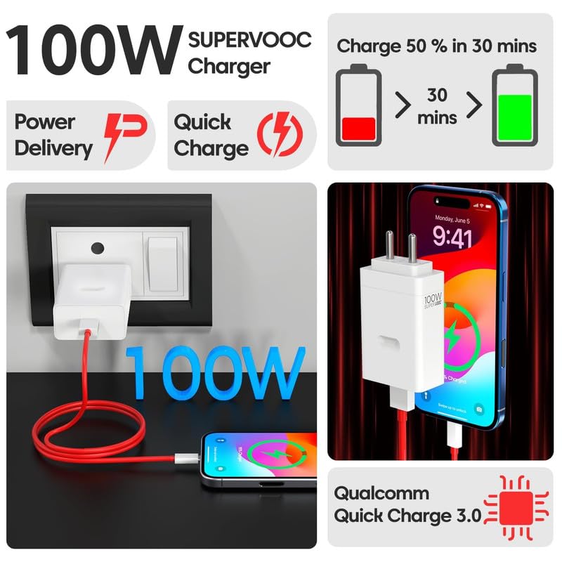 Image of Original 100W Type USB A Supervooc Charger Adapter Compatible with Oneplus 12R /12 /11R /11 /10 Pro /10 /10T /10R /9 Pro /9Rt | Ce 4 /3 /2 /4 Lite /Ce3 Lite /Nord 4 /3 /2 /2T Adaptor, White