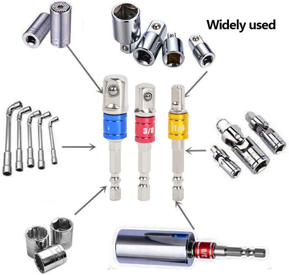 TIMESETL 3Pcs 1/4" 3/8" 1/2" Cr-V Hex Shank Impact Grade Socket Adapter Extension Set & 105° Right Angle Drill Bit Adapter Attachment 1/4" Drive 6mm Hex Magnetic Bit Socket Screwdriver Holder Adaptor