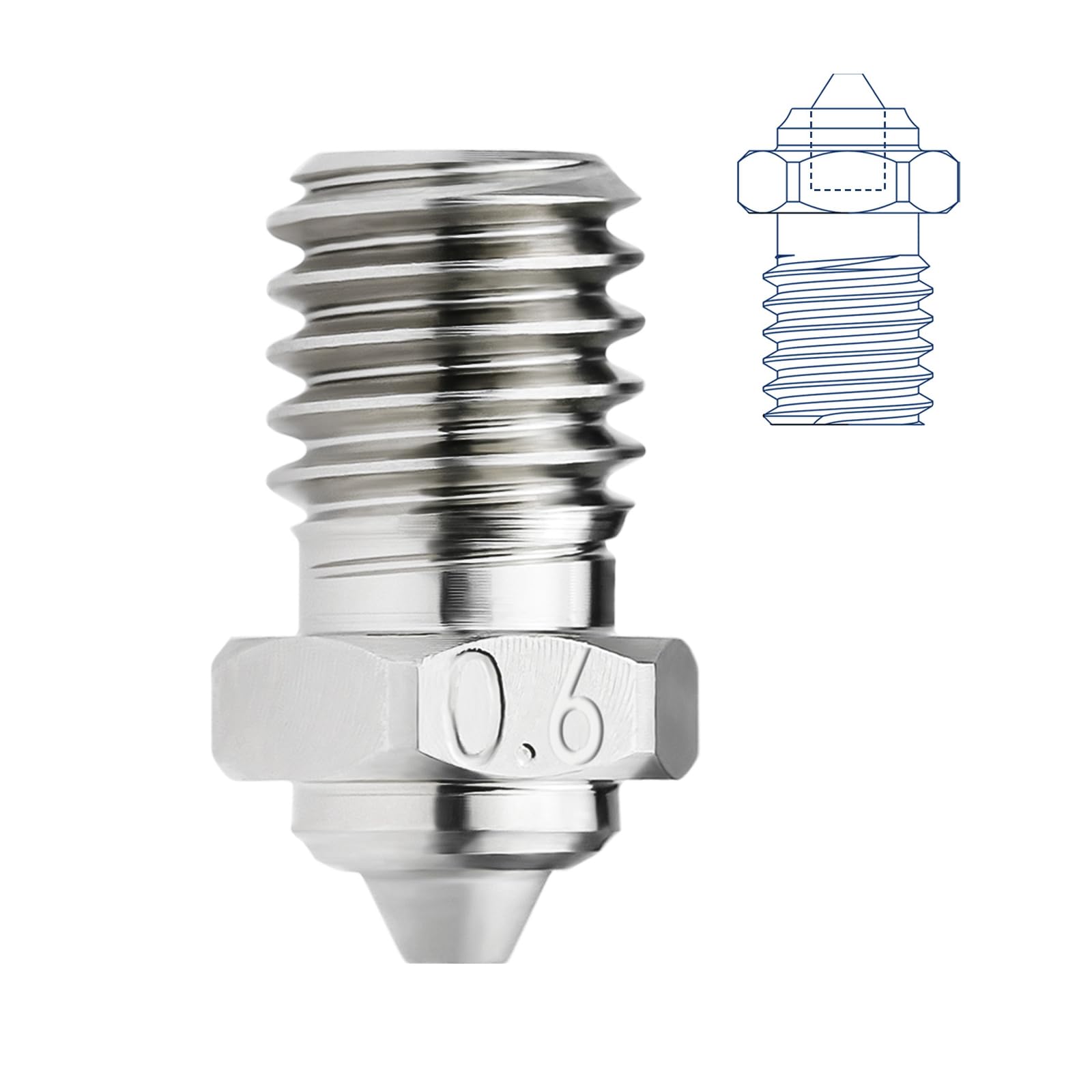 Upgrade V6 dysza bimetalowa 0,6 mm, stal hartowana, powlekana miedź, kompatybilna z 1,75 mm V6 Hotend Prusa I3 MK3 MK3S Anycubic Mega S Vyper 3D druk PEI PEEK lub filament z włókna węglowego (0,6 mm)