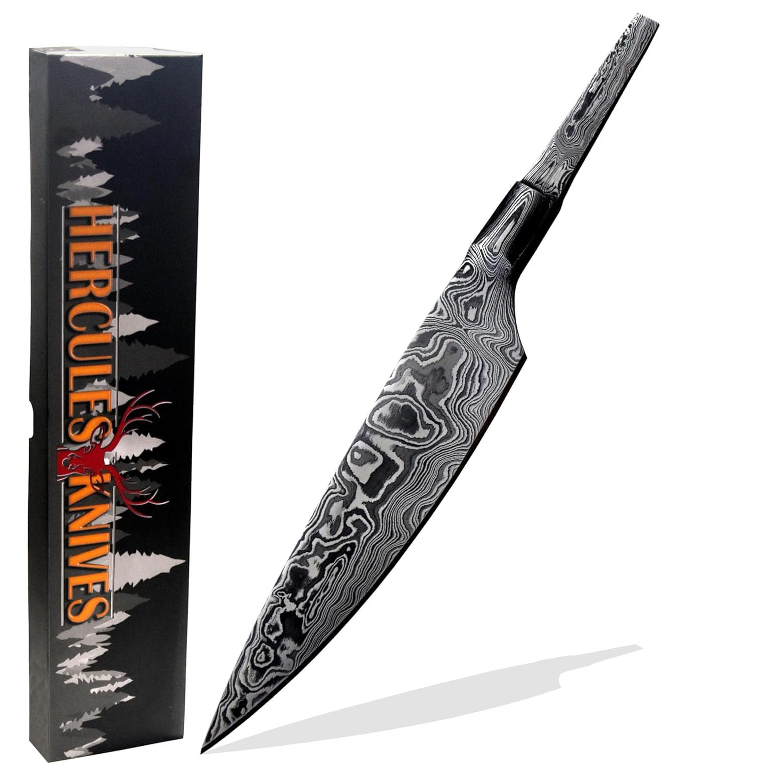 Custom Hand Forged Damascus Steel Blank Blade Chef Kitchen Knife, Forged Bolster, Woodworking Project Kit, Damascus Billet Bar Handmade Knife Making Supply (FBB-C)