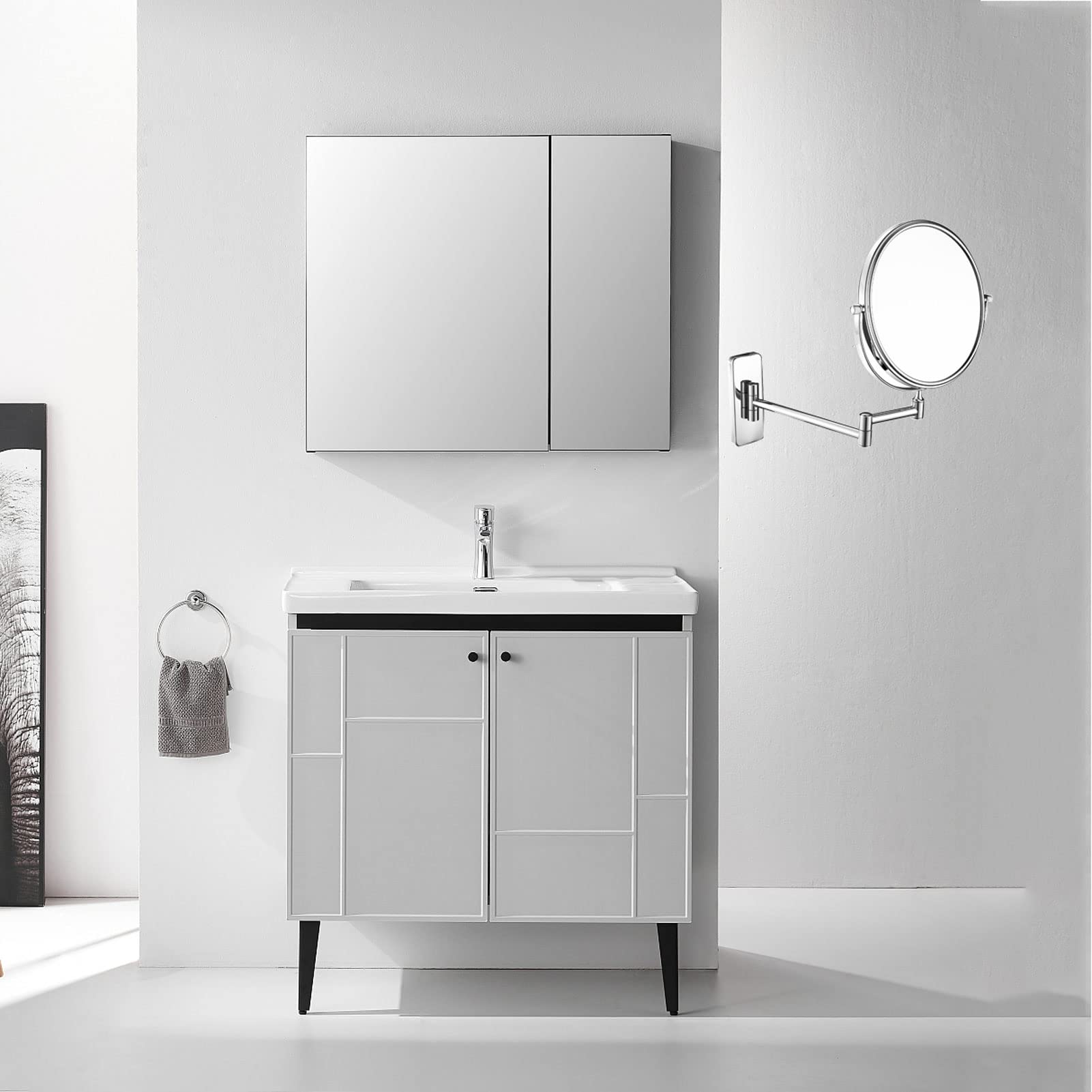Specchio per Il Trucco da Parete, Specchio Cosmetico da Parete, Lente d'Ingrandimento del Bagno, Rotazione a 360° Ingrandimento Estensibile, per Bagno Hotel (Silver 8inch7x)