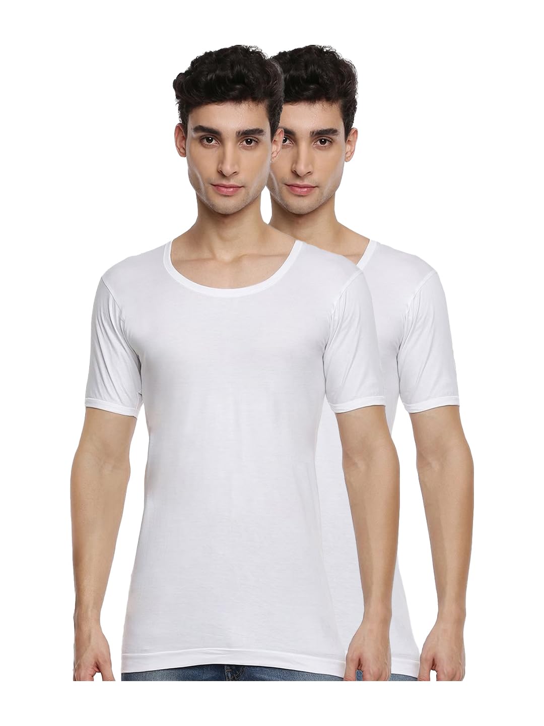 Pack of 2 Men's White Round Neck Half Sleeve Cotton Undershirt Vest (White;90)