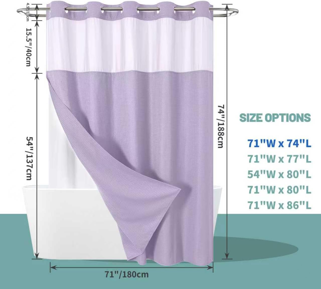 Lavender No Hook Waffle Weave Shower Curtain with snap-in Liner Replacement, 230GSM Waterproof Fabric Hotel Shower Curtain Set for Bathroom, Through Mesh Top Window,71Wx74H