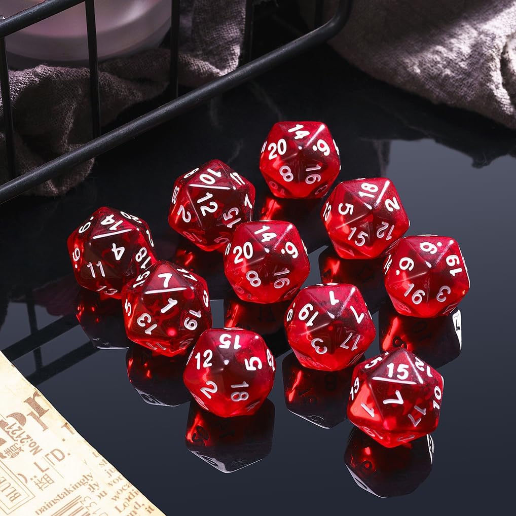 10 Pieces Polyhedral Dice Set D20 Dice 20mm Acrylic 20 Sided Game Dice for Dungeons and Dragons RPG MTG DND Dice Table Games (Transparent Red)