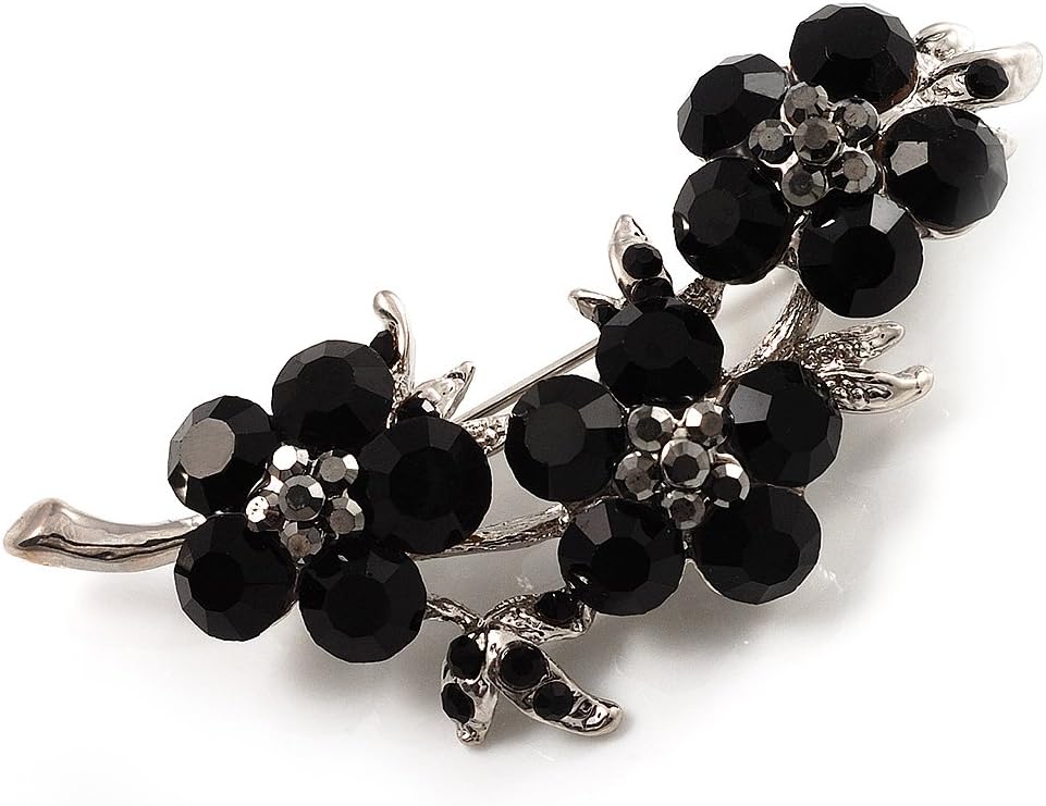 クリスタルフローラルブローチ(シルバー&ジェットブラック), One Size