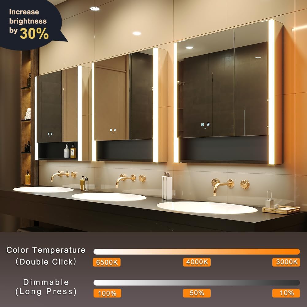 KWW LED Lighted Bathroom Medicine Cabinet with Sockets & USBs, Defogger, Dimmable, 3 Color Light Makeup Mirror, Easy to Install, Wall Mounted Cabinet (2 door-31 * 34)