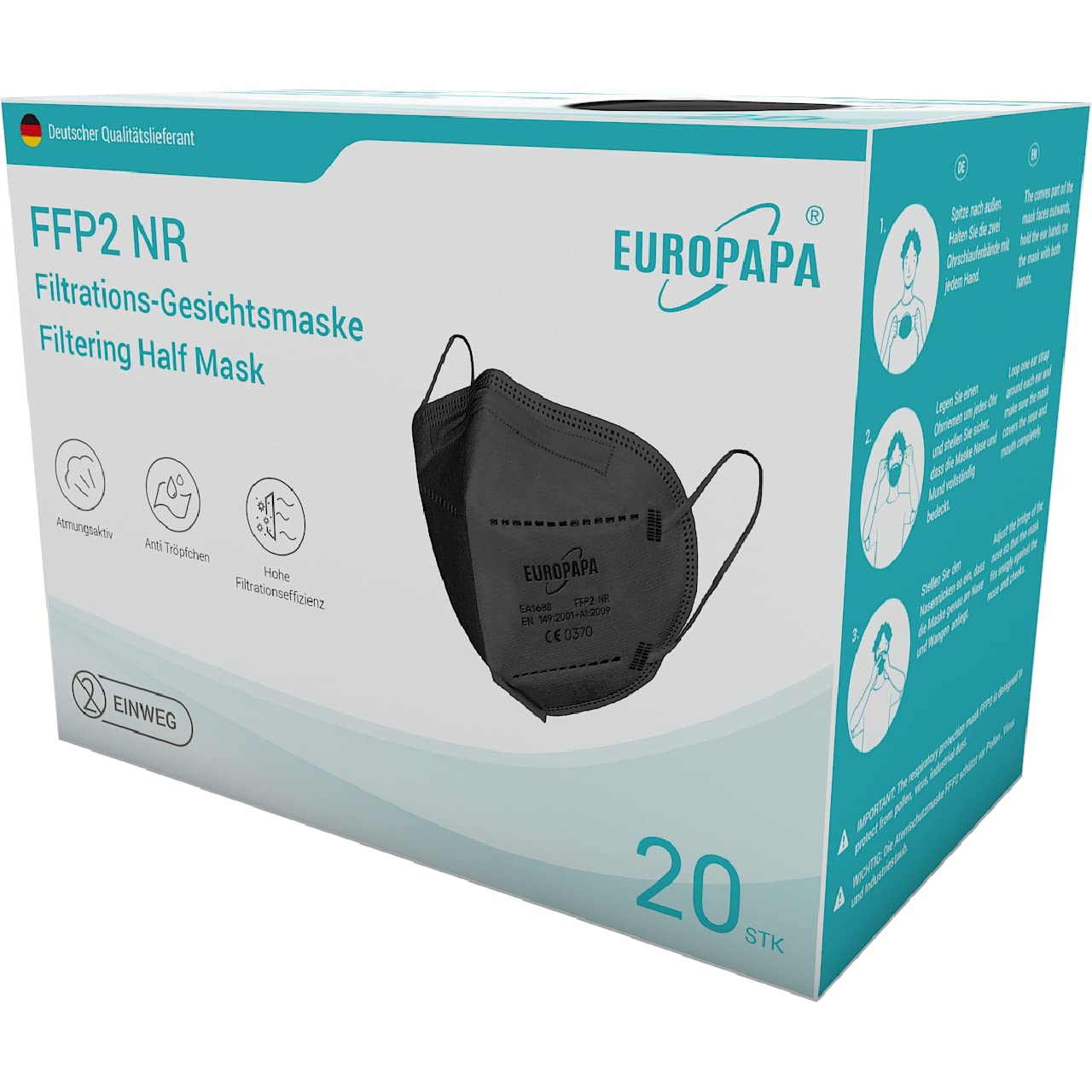 EUROPAPA 20x FFP2 Black Mask Respirator 5-Layer Dust Mask Hygienically Individually Packed Body Certified EN149:2001+A1:2009 Mouth Mask EU2016/425