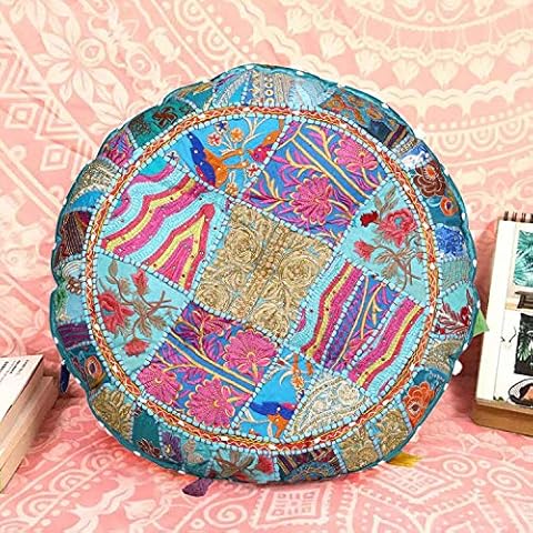 Casa Moro XL Patchwork Yogakissen Lali Mittel Türkis Ø 55cm x Höhe 10cm rund mit Füllung | Indisches Sitzkissen Bodenkissen orientalisches Chillkissen im Boho Style | MA1607 Cover