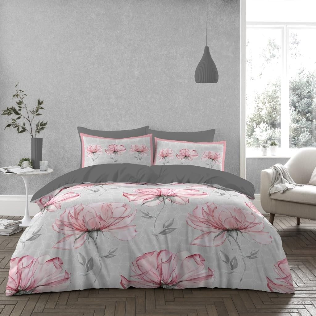 Lions Grey Floral Bedding Set - Microfibre Soft Printed King Size Duvet Cover With Matching Pillowcase - 100% Polyester Reversible Flowers Print Quilt Covers, 230X220cm