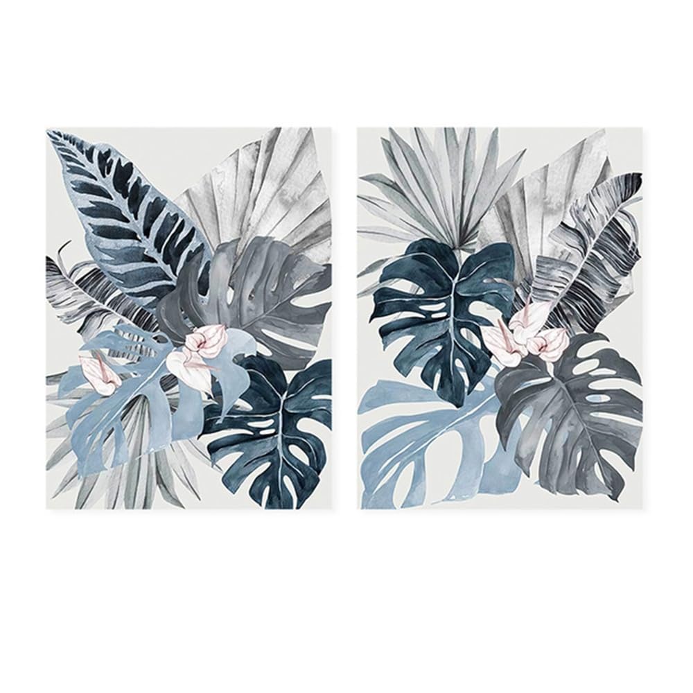 WUHBCZ Canvas Paints,Modern Abstract Floral Plant Canvas Painting Blue Palm Leaf Wall Art Picture for Living Kitchen Bedroom Home Decoration Artwork-60 * 70cm*2PCS (No Frame)