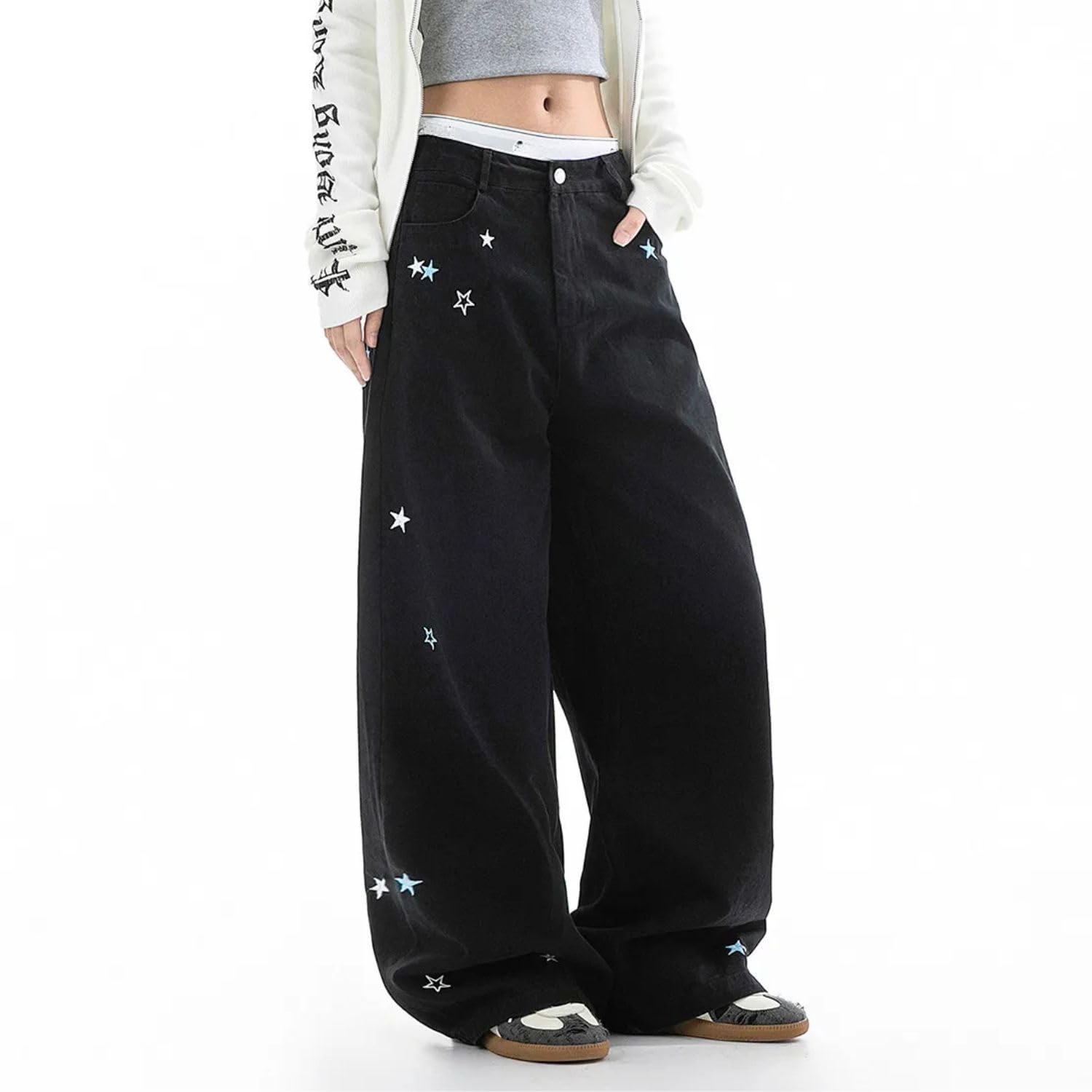 Star Jeans for Women Girls Baggy Cute Patchwork Denim Pants Y2k High Waisted Jeans Grunge Aesthetic Clothes: Black3 Small