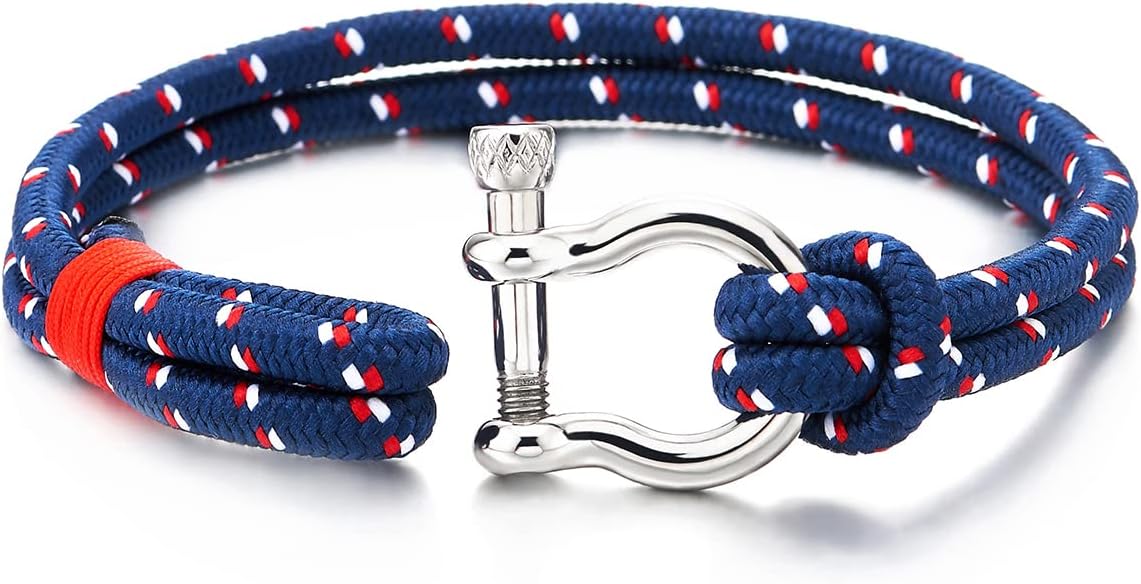 COOLSTEELANDBEYOND Mens Women Steel Screw Anchor Shackles Nautical Sailor Rope Cord Wrap Bracelet Wristband