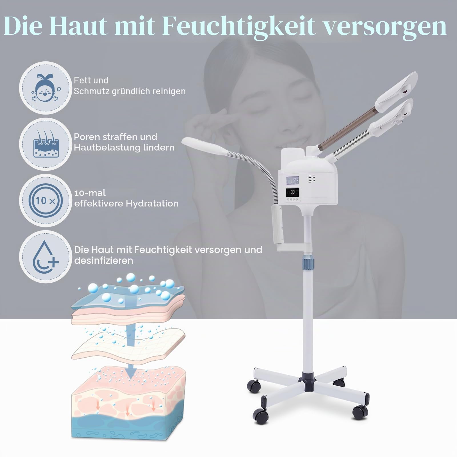Vapozon Ästhetisch, professionell, 3 in 1, Vapozon, tragbar, Dampfdampf, Gesicht, mit LED-Licht und Lupe, höhenverstellbar, Warm- und Kaltmodus, 360 ° drehbare Düse, für Schönheitssalon