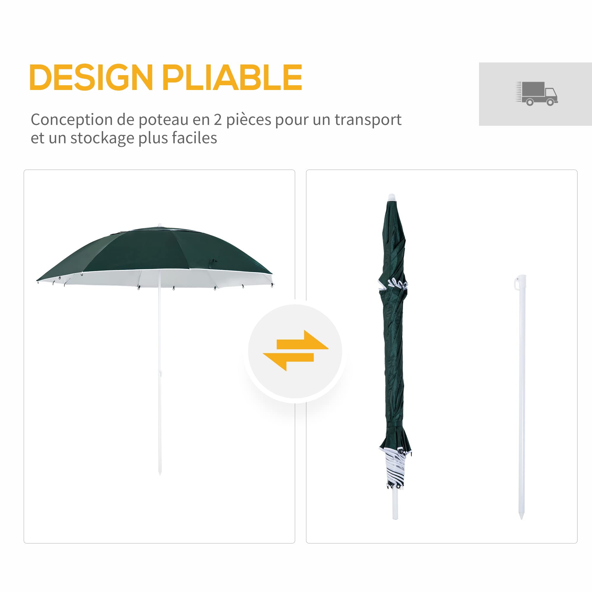 Outsunny Parasol de Plage Parasol abri Solaire Contemporain Protection UPF 50+ Sac Transport fourni Vert foncé