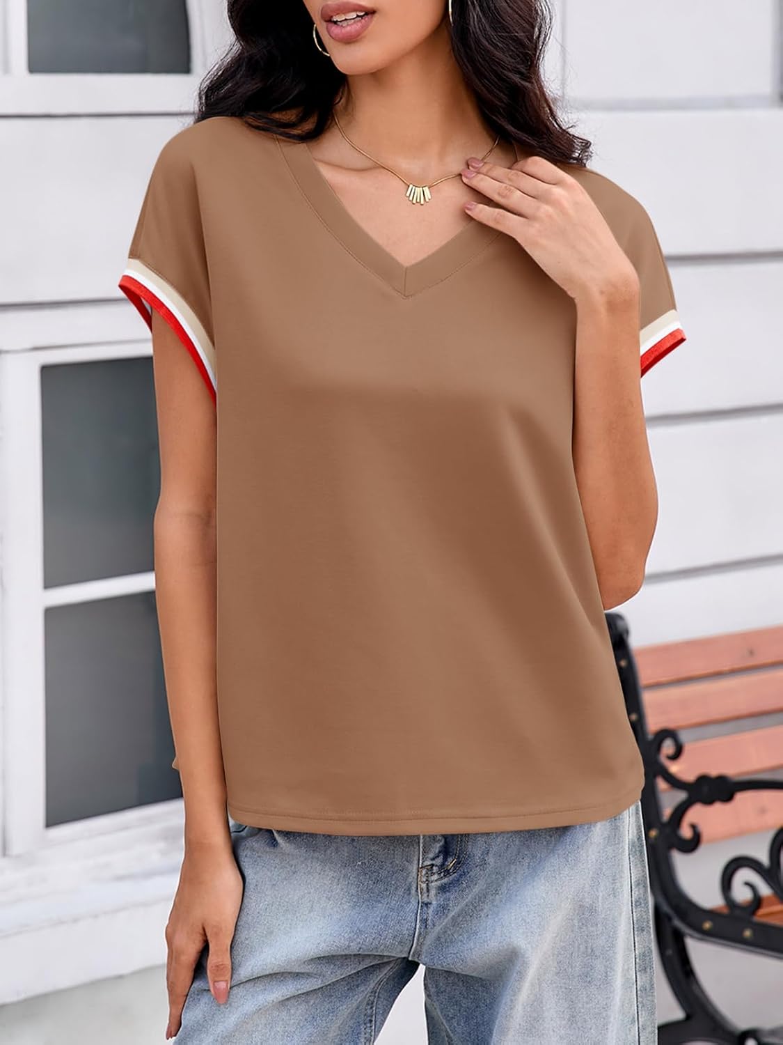 Tankaneo Womens V Neck Oversized Tops Short Sleeve Color Block Tee Shirts Summer Casual Loose Fit T Shirts - Image 3
