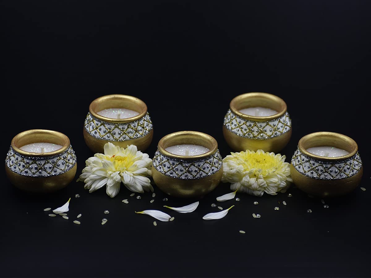 STORE INDYA Diwali Diyas for Outdoor Lights|Fancy Handmade Matki Diya in Tray with Tealight holder and Greeting Card |Diwali Decorations and Gift Items|Set of 5 Matki Diya