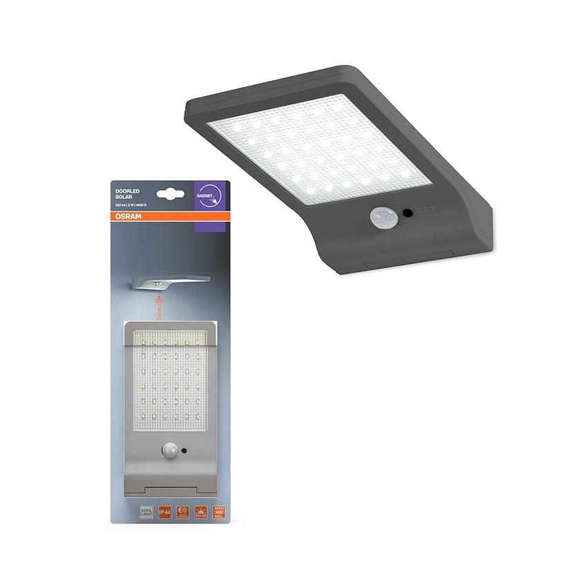 OSRAM Door LED Solar Sensor 4000K, luce solare LED, IP44, 3W, 320 lm, sensore di movimento, batteria solare, argento, montaggio a parete