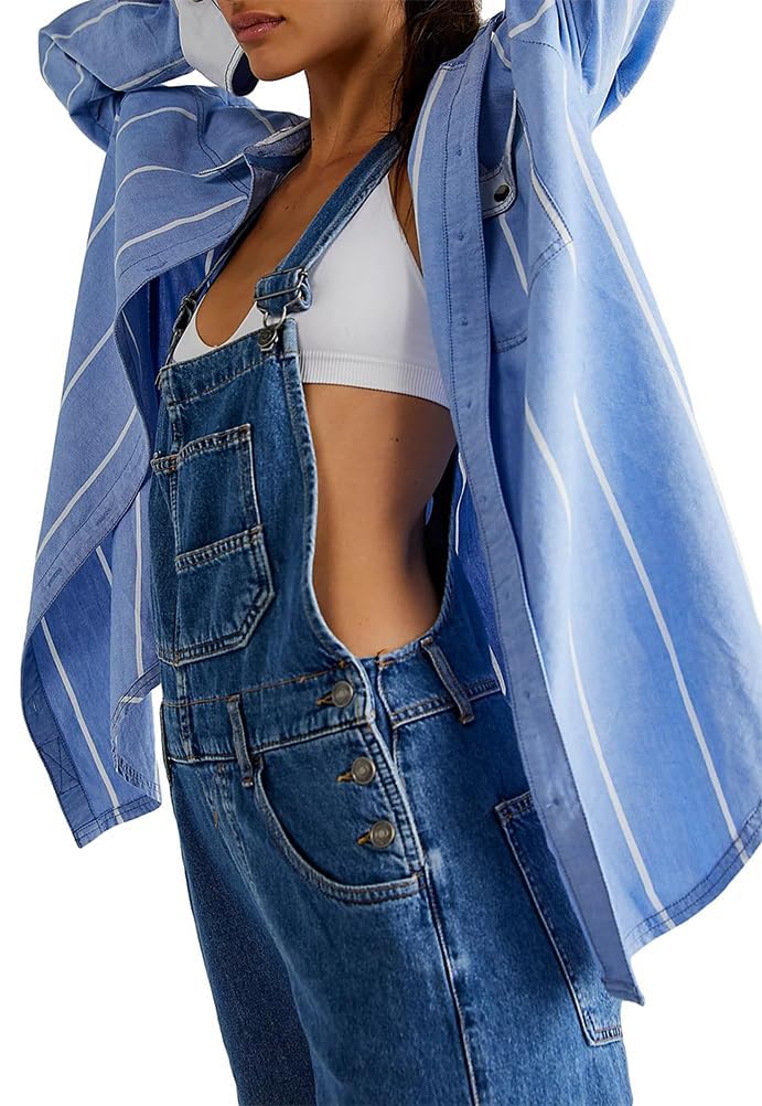 shownicer Femme Salopette en Jeans Combinaison Casual Jumpsuit Pantalon Casual Salopette à Bretelles en Denim avec Poches Oversize Décontractée Rompers