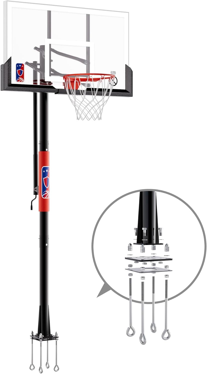Skytime Basketball Hoop Inground,54in Backboard Basketball Goal System,7.5-10FT Crank Adjustable Basketball Hoop Outdoor