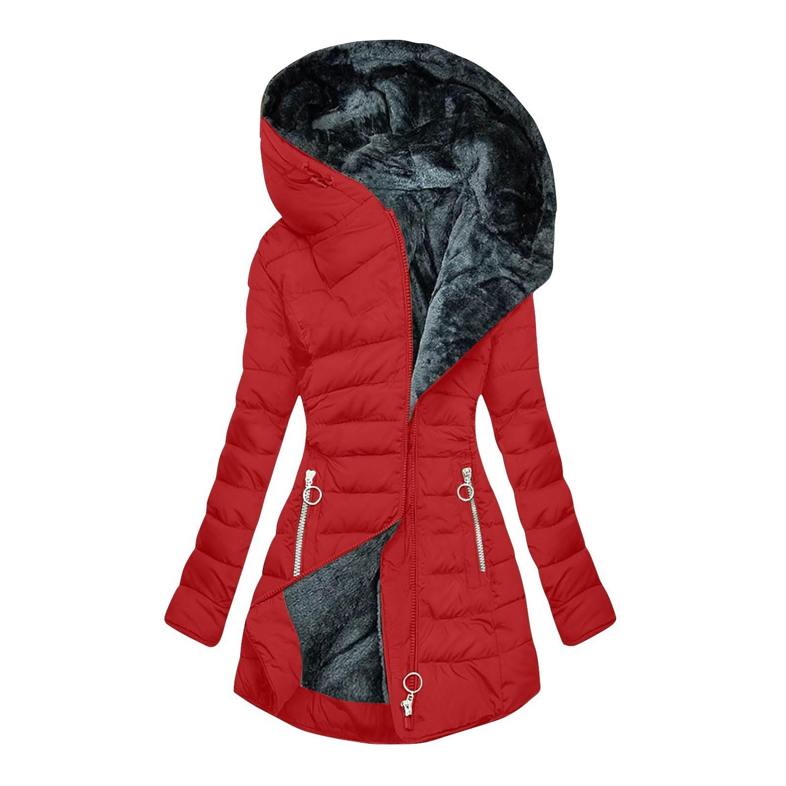 Wintermantel Damen Warm Gefüttert Steppjacke Lange Elegant Damenmantel Langarm Winter Parka Jacke mit Kapuze Winterparka Mantel Einfarbig Bequemes Sportjacke Winddicht Outdoorjacke