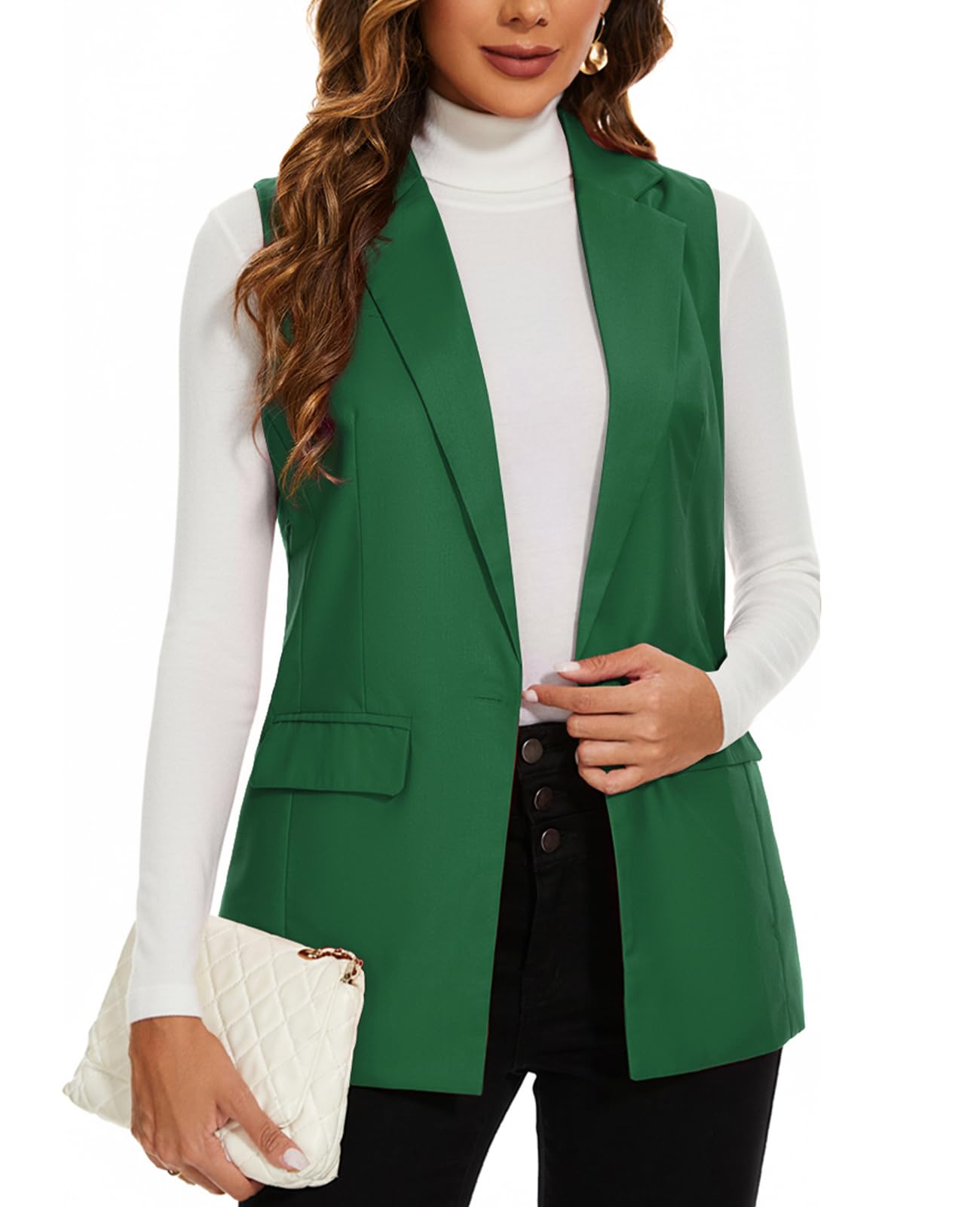 MINTLIMIT Womens Casual Vest Sleeveless Blazer Button Front Jacket Office Fully Lined Notched Lapel Long Blazers with Pockets
