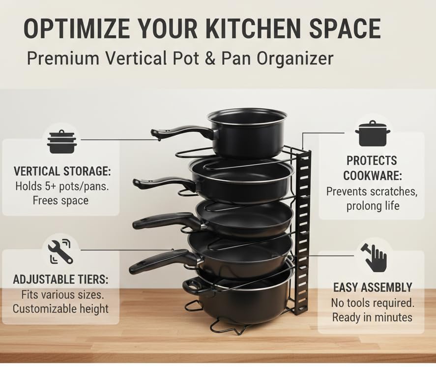 Image of Heavy Duty Pan and Pot Organizer, 5 Tier Rack - Holds Cast Iron Skillets, Griddles and Shallow Pots - Durable Steel Construction - No Assembly Required