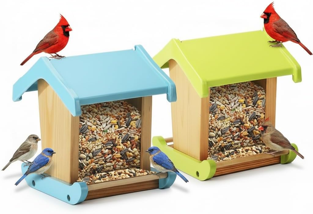 2Pk Hopper Bird Feeders for Outside - DIY Birdfeeder Kit for Adult to Build - Weather Proof Composite Material + 3Lbs Compacity- Hanging Birdfeeder for Outdoor -STEM Project(Blue+Green
