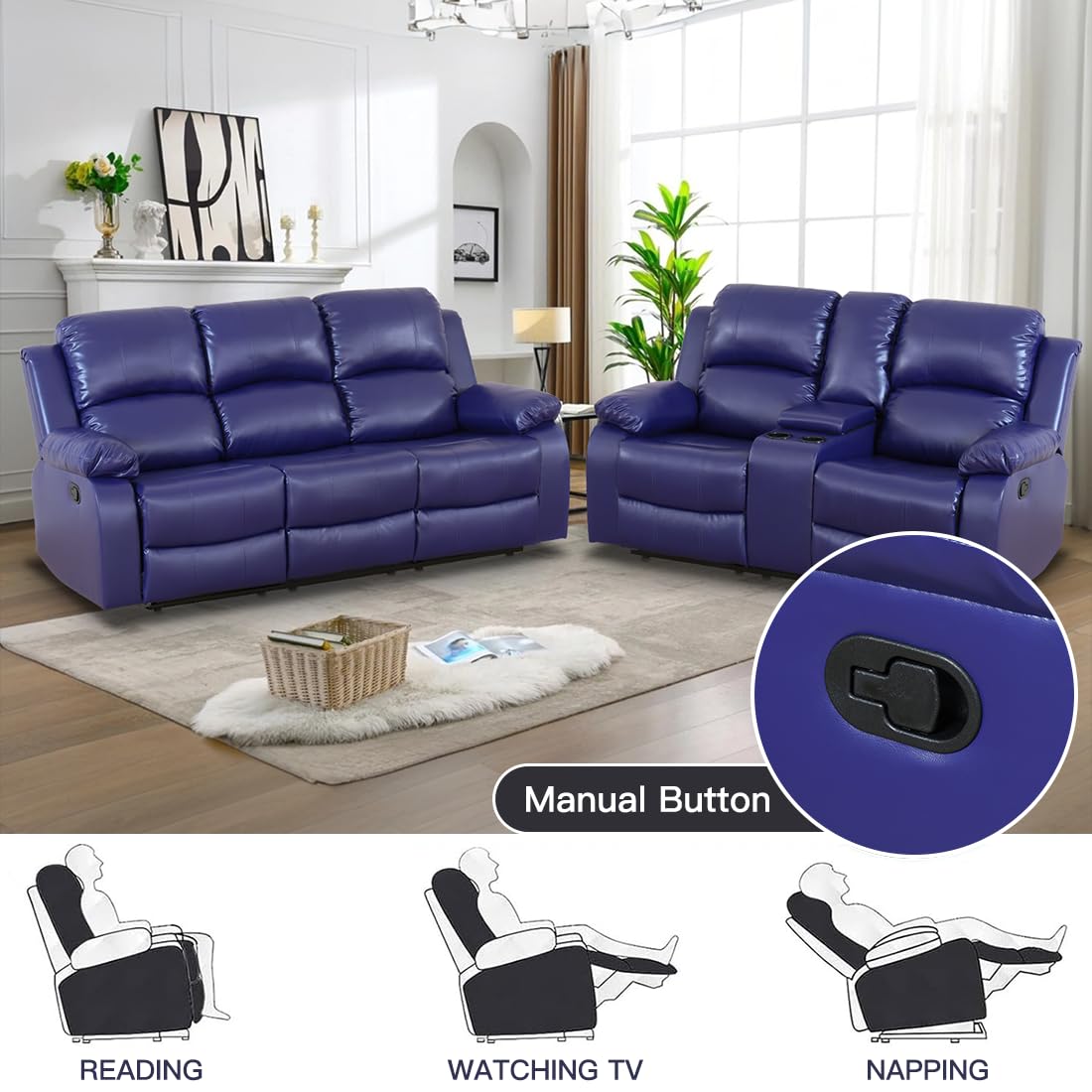 Toseslo Living Room Furniture Sets, Manual Reclining Sofa and Lovseat Set with Drop-Down Table, Leather Recliner Couch Sets, Recliner Sofa with Storage Console/Cup Holder for Home/Apartment(Blue) view 5