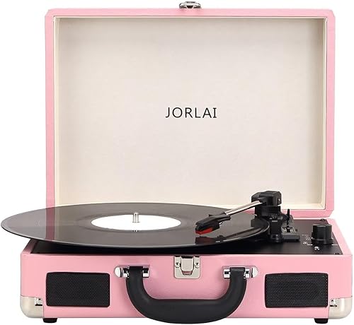 Jorlai r - Tocadiscos de vinilo de 3 velocidades con Bluetooth, batería incorporada, maleta portátil, altavoces integrados, conector de auriculares