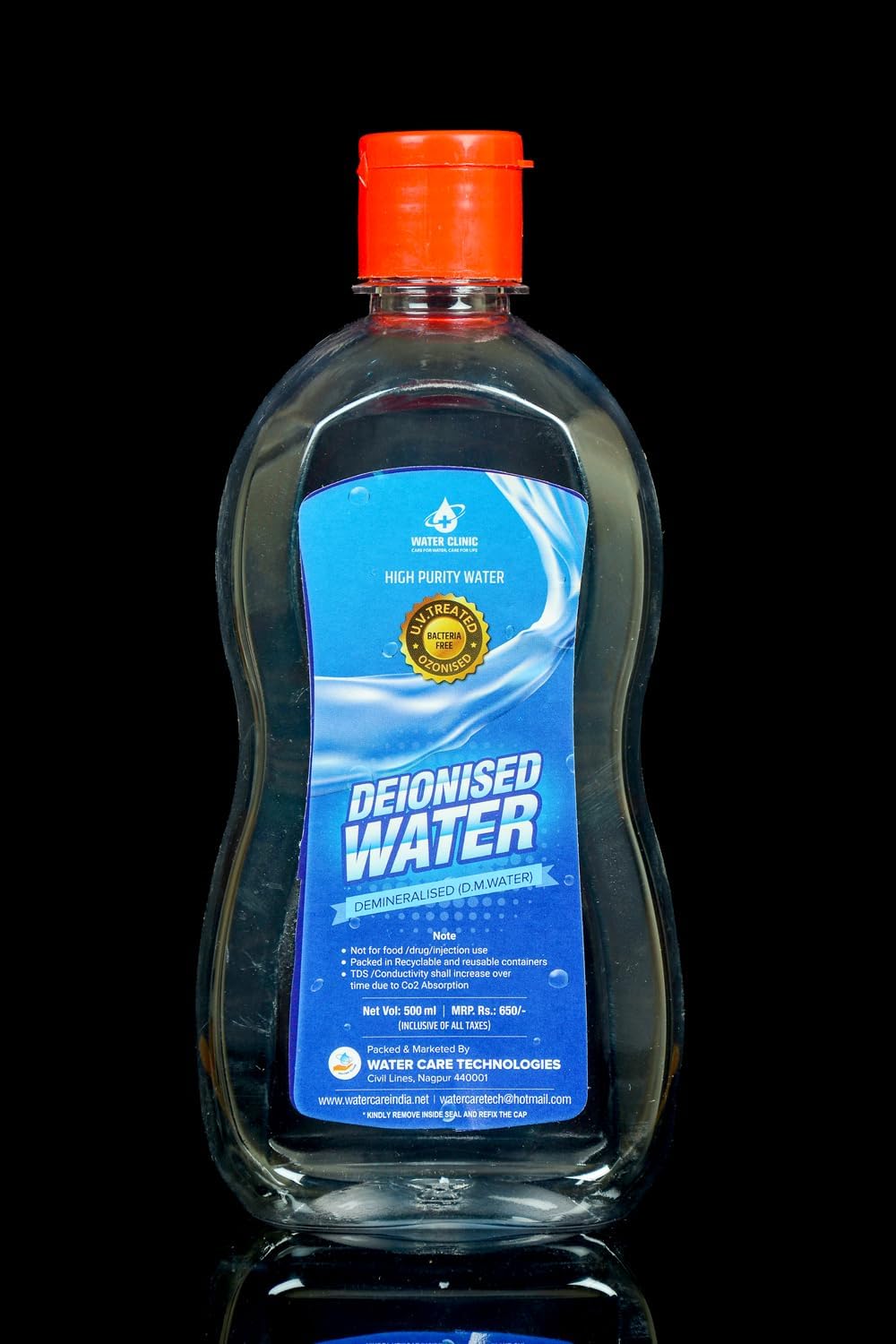 WATER CLINIC Deionized High Purity Water/Salt & Bacteria Free/U.V Treated/Ozone Sterilize For Battery/Inverter/Medical Equipment's/Chemical Cosmetic Formulation [Laboratory Certified] 500Ml