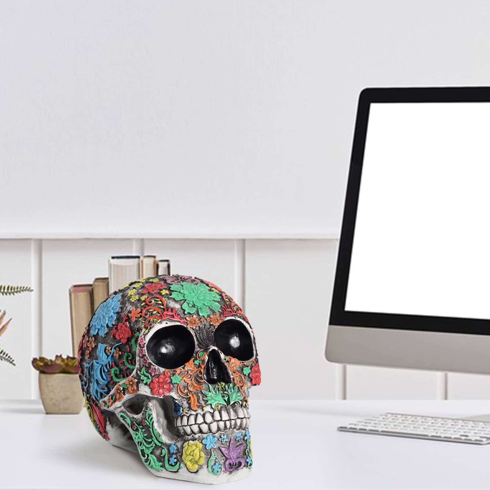 Cabeza de muerte tallada de diseño gótico,estatua de cráneo con pétalos,Adornos de halloween de cráneo de resina,Ornamento de cráneo pintado,mesa de comedor,decoración de salón (estilo 1)
