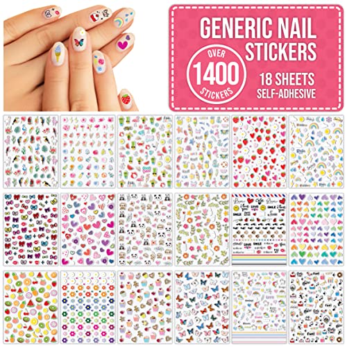 Cute Nail Stickers Over 1400 for Children, Kids, Adults - 18 Sheets Self Adhesive Girls Nail Art Decal Kit Decoration Accessories - Flowers, Hearts, Butterflies, Fruits, Animals