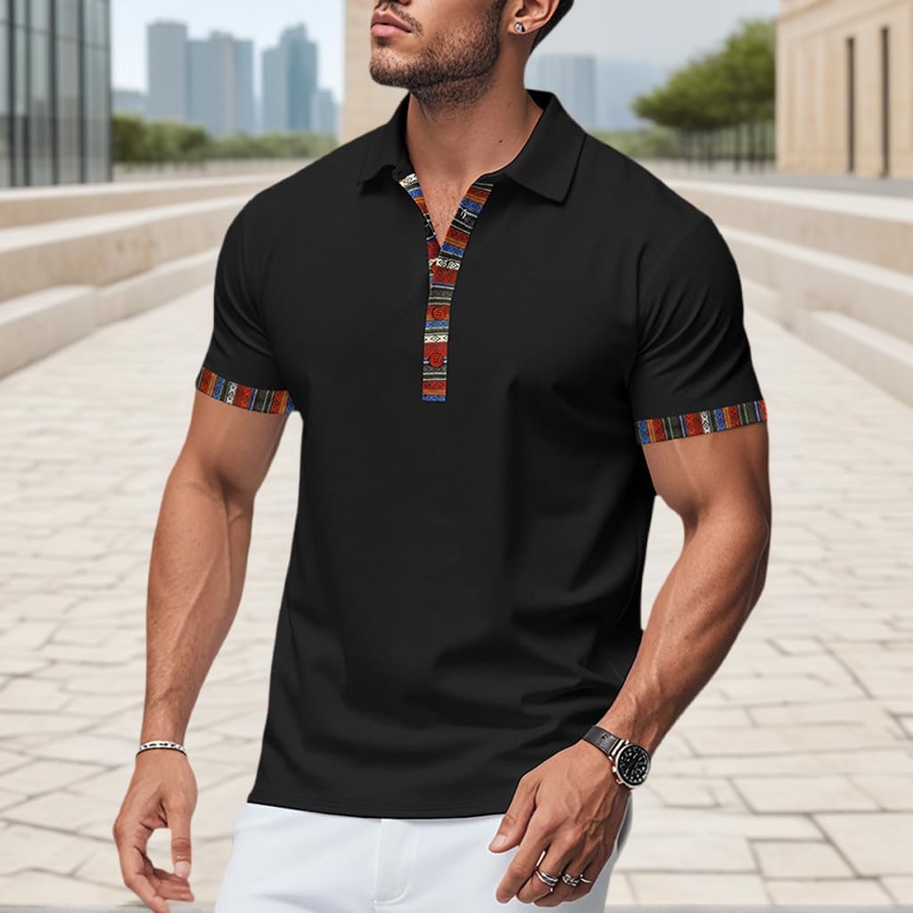 Mens Polo Shirts Short Sleeve Casual Polo Shirt Vintage Striped Patchwork Golf T Shirts