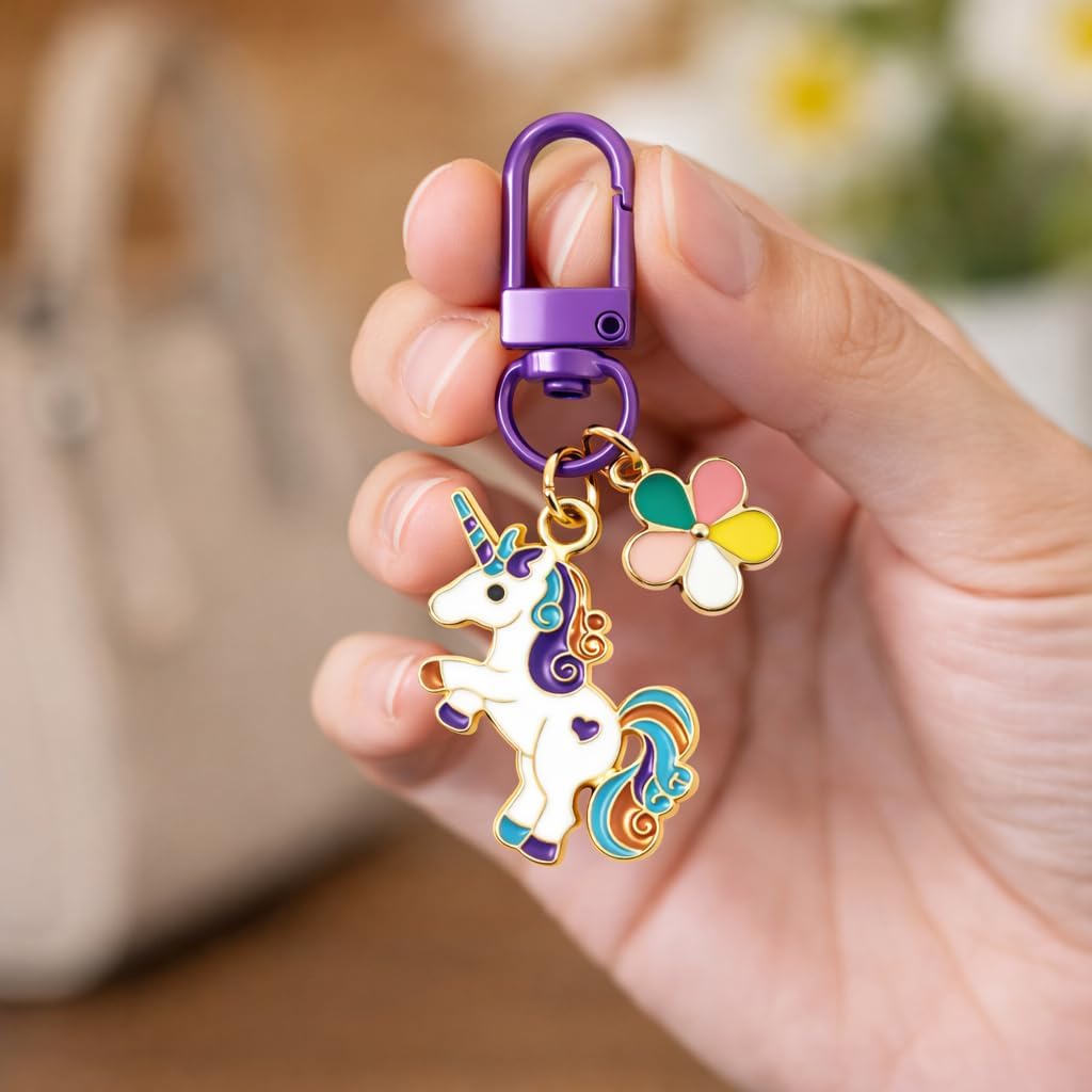 Unicorn Keychain – Animal Keychains Bag Charms for Women with Multi-Colored Petals, Cute Key Chains Gifts for Girls, Sister, Family and Fantasy Lovers