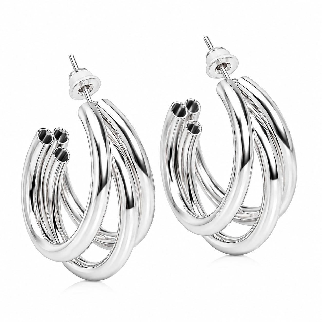 Triple Tube Hoop Earring for Women, High Polish Brass, Chunky Multi-Layer Open Hoops, Lightweight, Tarnish Resistant, Push Back Closure-image-14