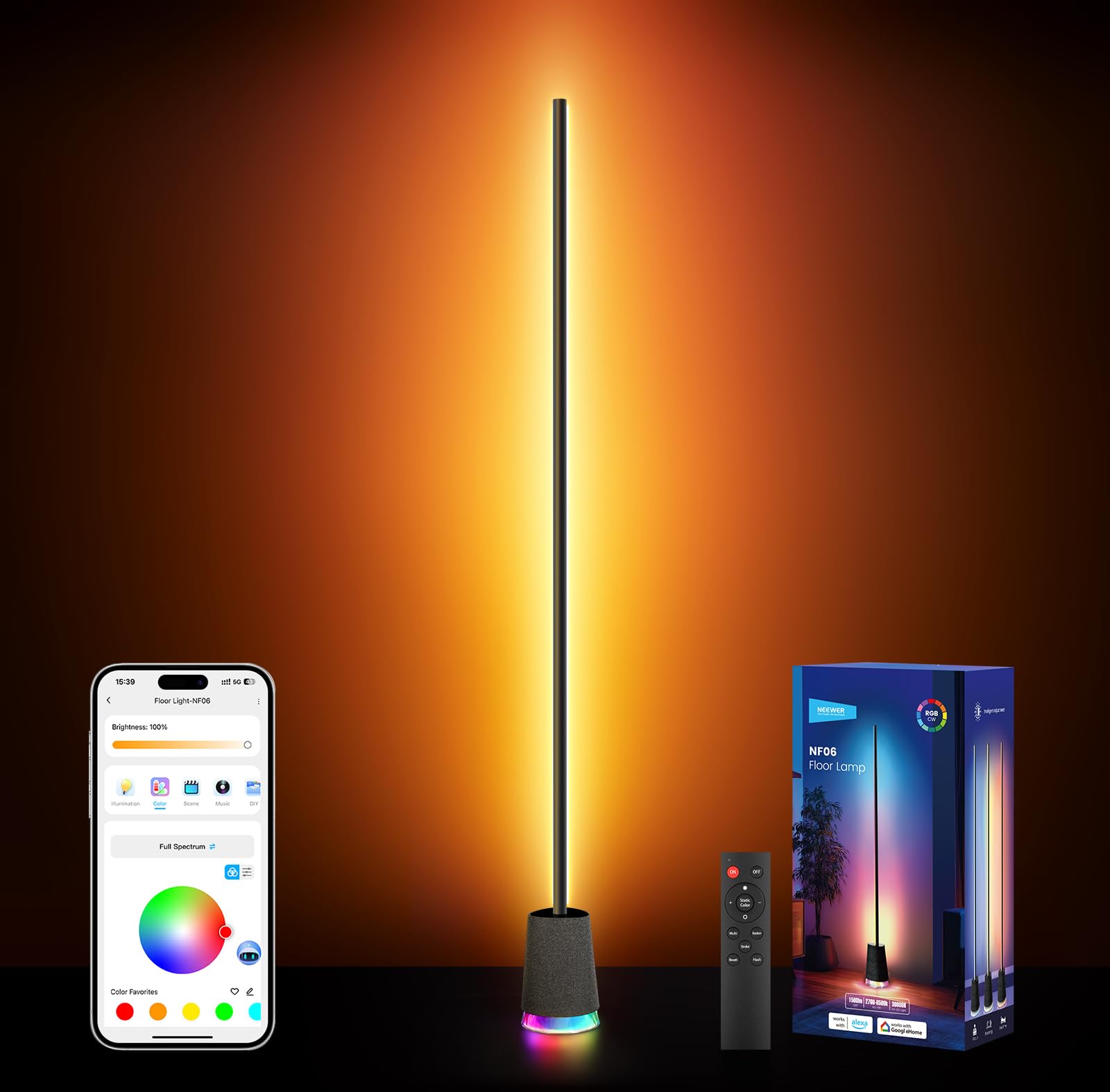 NEEWER NF06 RGB IC CW Smart Floor Lamp, 1500lm LED Standing Corner Light, APP/AI Design/M…