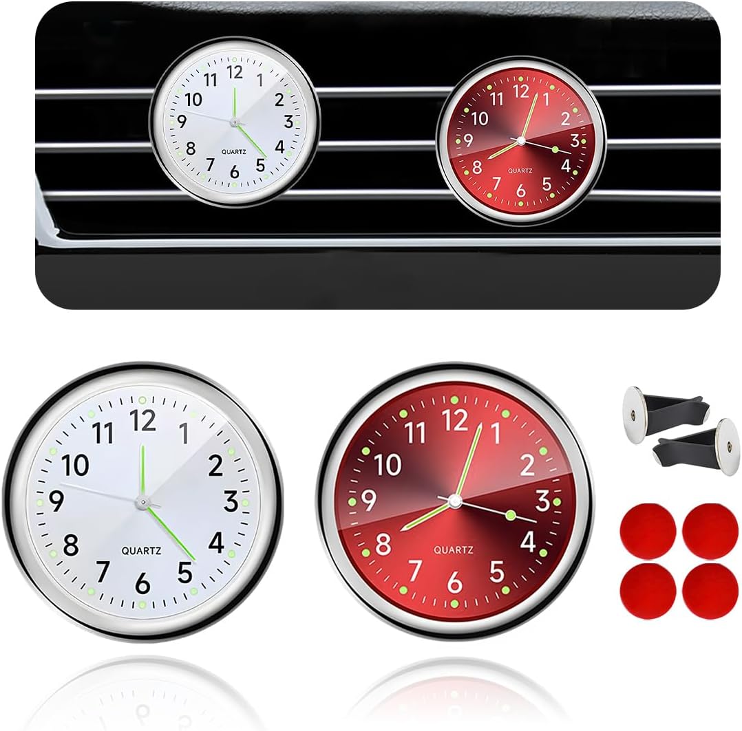 2 PCS Car Clock, Mini Luminous Pointer Clock Stick on Automotive Dashboard, Self Adhesive Round Clocks Watch Universal for Most Vehicles, Decorative Car Accessories (Red+White)