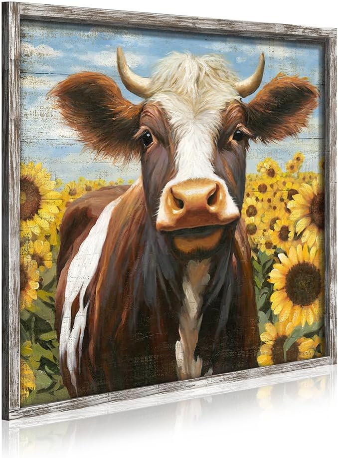 Farm Animals canvas wall art - Rustic Cow with sunflower Painting Pictures Decor for Farm Office Bedroom Living Room Kitchen Wall Decor(cow, 28"x28") 28L" x 28W" cow
