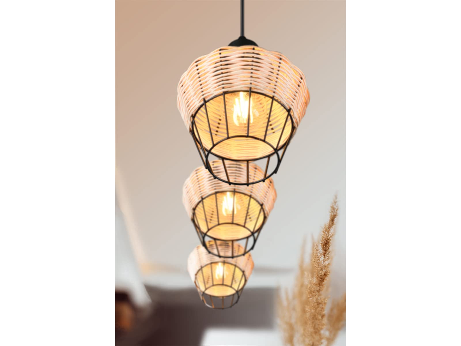 Lampa wisząca LED, czarna, rattanowa, naturalna, 4 źródła światła