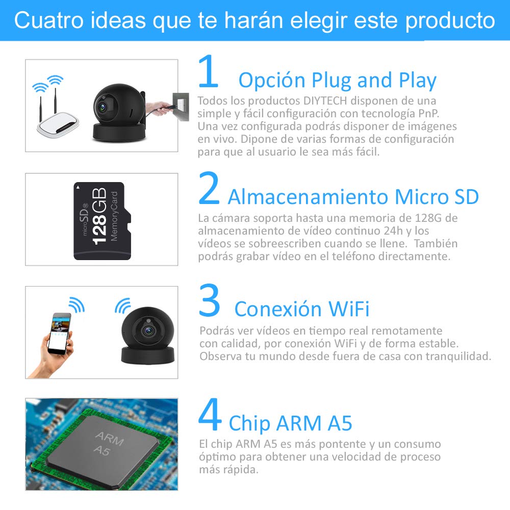 Cámara IP WiFi HD DIYTECH, C43S V2 Vigilancia, Seguridad, Detección Movimiento Humano, visión Nocturna, Compatible iOS y Android. P2P