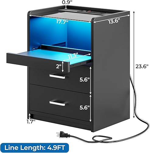 Miniatura 2 de VIAGDO Nightstand with LED Lights and Charging Station, 2 Drawers LED Night Stand with Tempered Glass Tabletop, Modern End Side Tables with Pull-Out