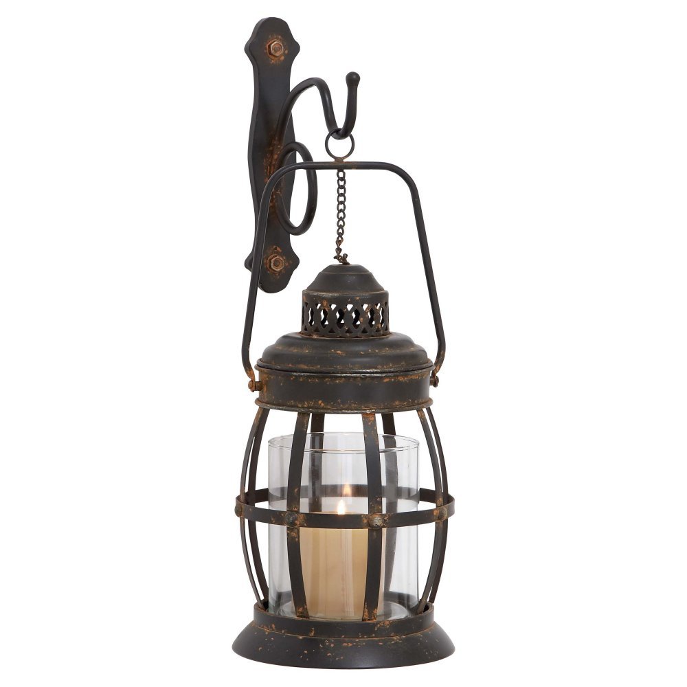 Deco 79 Metal Wall Sconce Suspended Pillar Lantern , 7" x 10" x 19", Brown