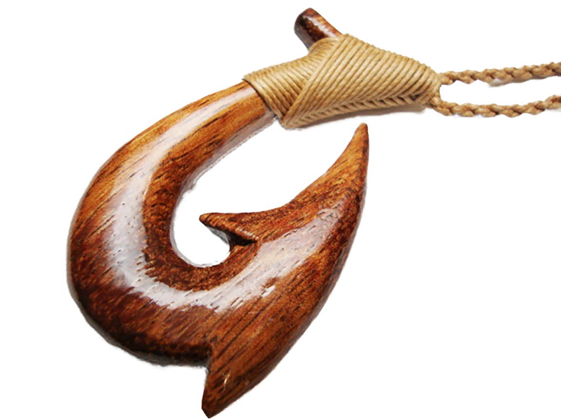 Hand Carved Natural Hawaii Koa Wood Fish Hook Fishhook/Hei Matau Pendant Artistically Knotted w/Adjustable Brown Hemp Cord Necklace/Choker - Hawaiian/Polynesian Maori/New Zealand Style