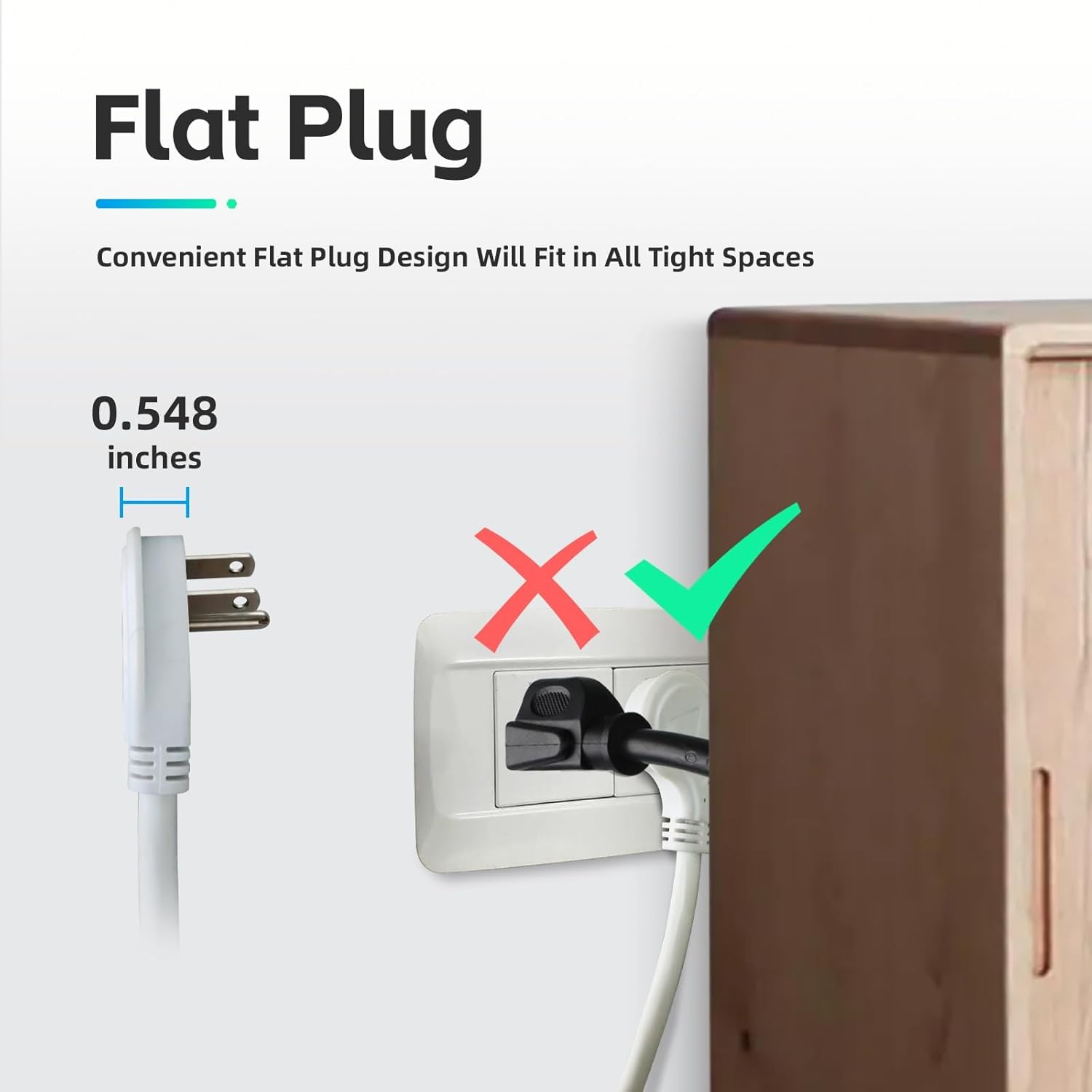 EP Low Profile 10 Ft Flat Plug Extension Cord - 16 AWG 3 Prong Grounded Cable with 3 Outlets, Perfect for Indoor Use, White, UL Listed