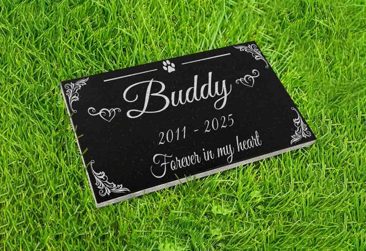 A Personalized Memorial Stone Made of Black Granite That Will Remind You of Your Beloved Pets. Paw and Stars