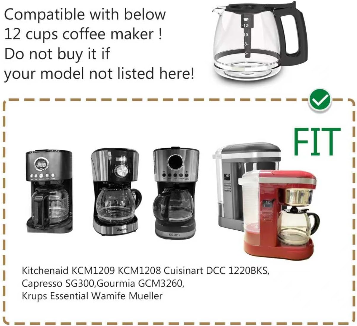 Coffee Machine Glass Carafe, 12Cup Coffee Pot, Compatible with KitchenAid KCM1209 KCM1208, Cuisinart DCC 1220BKS, Capresso SG300, Gourmia GCM3260, Krups Essential,Wamife &Mueller Coffee Makers - Image 2